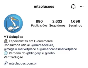 Imagem do perfil de instagram da MT Soluções mostrando número de seguidores, postagens e bio com informações.